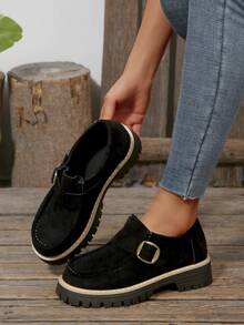 New Women Thick Sole Slip-On Buckle Casual Comfortable Preppy Style Loafers - Black - View 3