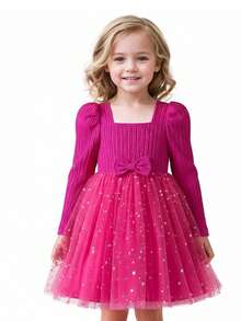Girl Star Sequined Tulle Dress With Bowknot Long Sleeves Fall Winter Clothes Little Princess Christmas Holiday Birthday Party Dresses - Màu Hồng Tươi - Xem 1