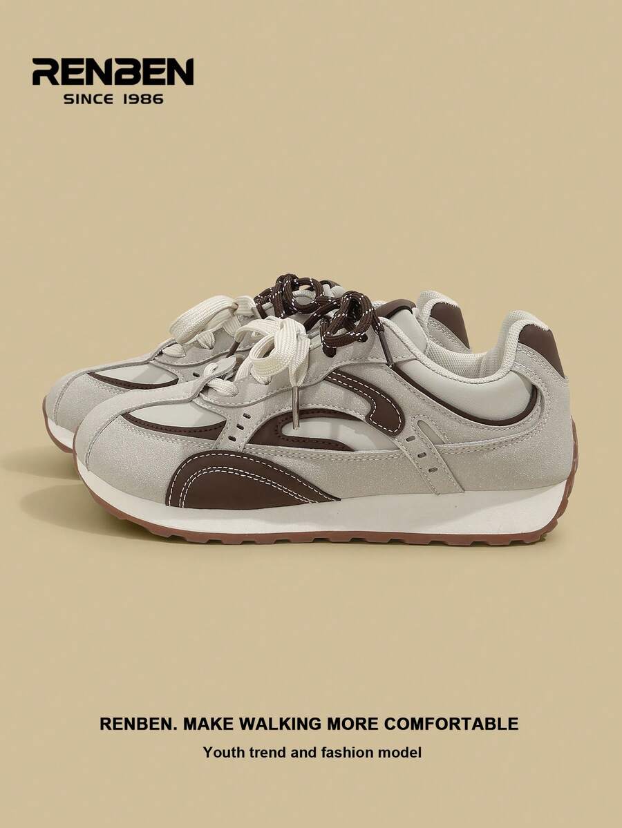 RENBEN Women's Thick Sole Increase Height Casual Sneakers, Leather Upper, Ins Style, Autumn/Winter - Khaki - View 1