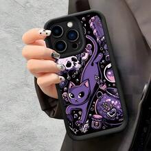 Purple Witchy Cat With Skulls, Potions & Occult Elements Patterned Fine-Hole Black Matte Step Phone Case, Comfortable Grip, Exquisite Printing, Novel Design, Compatible With IPhone 17/16/15/14/13/12/11/X And  S/A S25/S24/S23/S22/S21 PLUS ULTRAlong Sleeve Tops - 款式1(1pc) - 查看 4