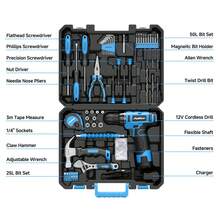 PULITUO Cute 12V Cordless Drill Set For Women, 126-Piece Home Tool Kit With Battery & Charger, Lightweight Electric Screwdriver With Accessories For DIY, Furniture Repair And Home Projects - Baby Blue - View 3