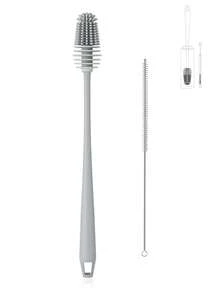 Silicone water bottle brush and straw cleaning set, with a long-handled silicone cup brush, suitable for cleaning narrow-neck containers, vacuum sports bottles, thermos cups, and glass cups - 淺灰色 - 查看 1