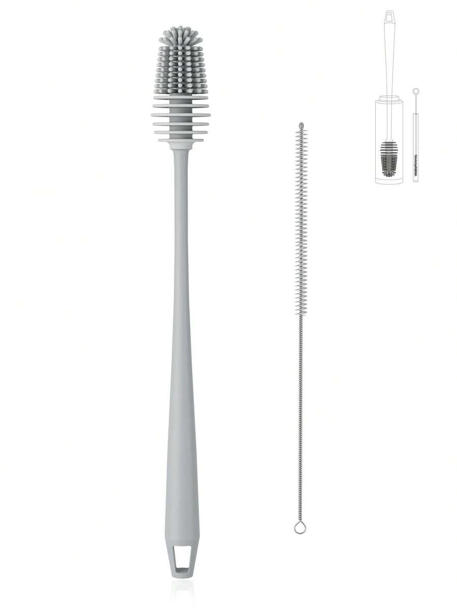 Silicone water bottle brush and straw cleaning set, with a long-handled silicone cup brush, suitable for cleaning narrow-neck containers, vacuum sports bottles, thermos cups, and glass cups - 淺灰色 - 查看 1