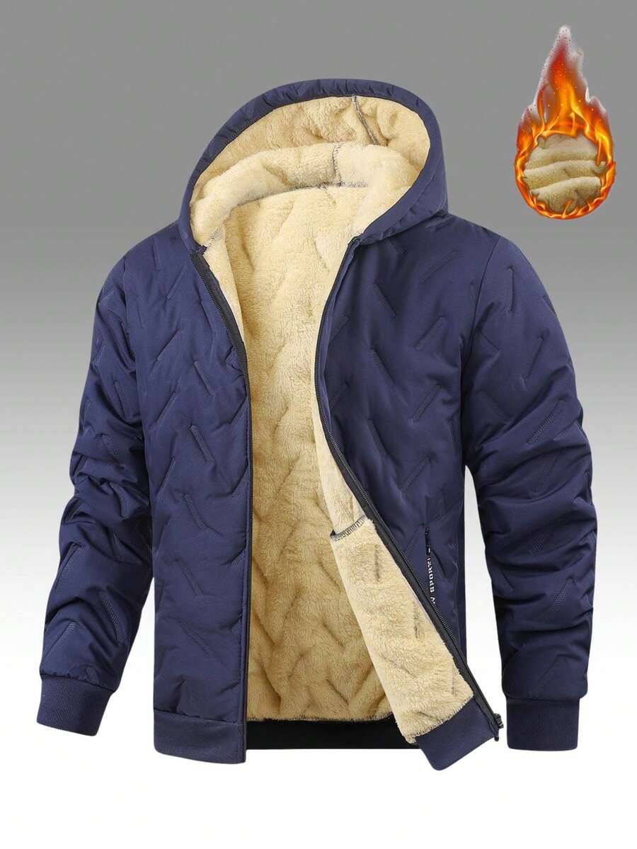 Men's Fleece-Lined Thickened Solid-Color Cotton Puffer Jacket For Winter - Warm, Comfortable, Hooded Zip-Up, Versatile Casual Outerwear - Màu xanh lam - Xem 1