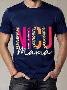 Black T-Shirt With Leopard Print And NICU Mama Lettering For Mothers In The Neonatal Intensive Care Unit - Navy Blue - View 1