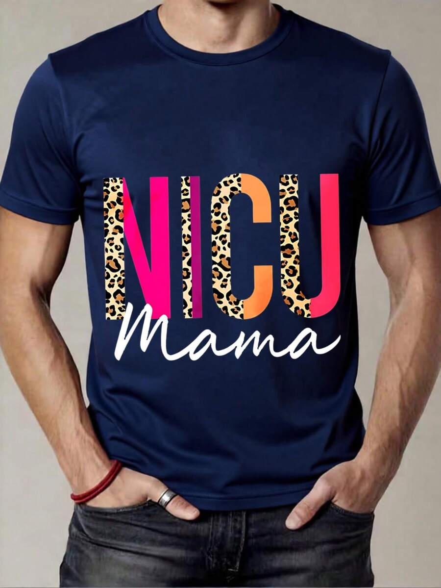 Black T-Shirt With Leopard Print And NICU Mama Lettering For Mothers In The Neonatal Intensive Care Unit - Navy Blue - View 1
