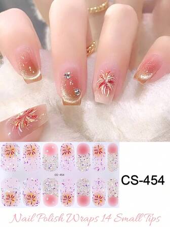 1 Sheet 14pcs Semi-Cured Gel Nail Stickers, Extra Long Nail Polish Stickers, Glossy Gel Sealant, Pink Bomb