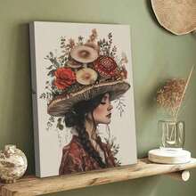 1 Pieza Elegante Marco de Lienzo de Mujer en Forma de Hongo - Arte Botánico Vintage con Adornos Florales y de Hojas, Ella/Él - Decoración de Pared Exquisita para Sala de Estar, Dormitorio, Lado del Sofá, Ambiente Otoñal, Marco de Madera de Pino, Decoración de Hongo para Dormitorio - Multicolor - Ver 5