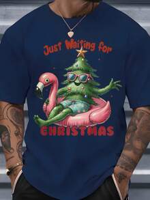 Men's Crew Neck T-Shirt With Christmas Tree Print Featuring Sunglasses And An Inflatable Flamingo, With The Text "Just Waiting For Christmas." Ideal For Everyday Wear, Parties, Christmas Festivities, Summer, Holidays, And Casual Fun Style. - 藏蓝色 - 查看 6