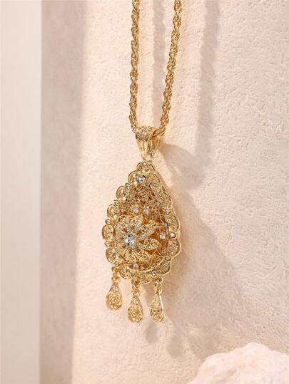 1 st vattendroppehalsband för brudpar, hänge i dubbelt lager i legering, vintage fransk palatsstil, marockanska smycken med strassinlägg, lämpliga för banketter, bröllop, traditionella festivaler