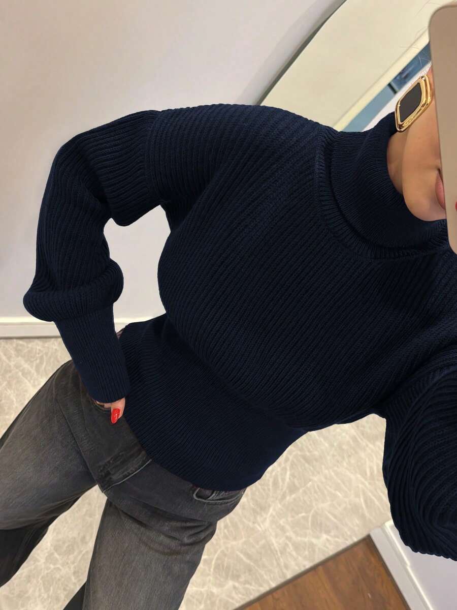 女士高领毛衣，优雅奢华纹理长袖修身套头罗纹针织上衣，复古风格