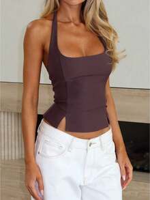 Women's Y2K Halter Neck Square Neck Backless Tank Top Ruched Side Slit Hem Fitted Cropped Blouse Casual Daily Outfit - Dark Brown - View 1