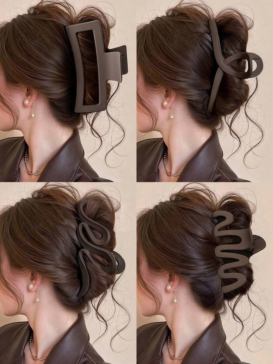 4pcs Women's 4.25in Square, Wave, Lightning Shaped Brown Plastic Hair Clips, Fashion Versatile, Elegant, Minimalist, Solid Color Hair Claws, Suitable For Daily, Casual, Party, Commute, Beach, Hairstyling, Makeup, Outfit Accessory Hair Accessories Fashion Hair Claw Clips Autumn Accessories Fall Hair Clutch Winter Accessories For Vacation Outfits Woman - Multicolor - View 1