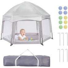 Tienda de Campaña Plegable, BOJA Corral con Toldo, Pelota Pequeña y Bolsa de Almacenamiento, Apto para Uso Interior, Exterior, Camping y Playas ()(Gris) - Multicolor - Ver 2
