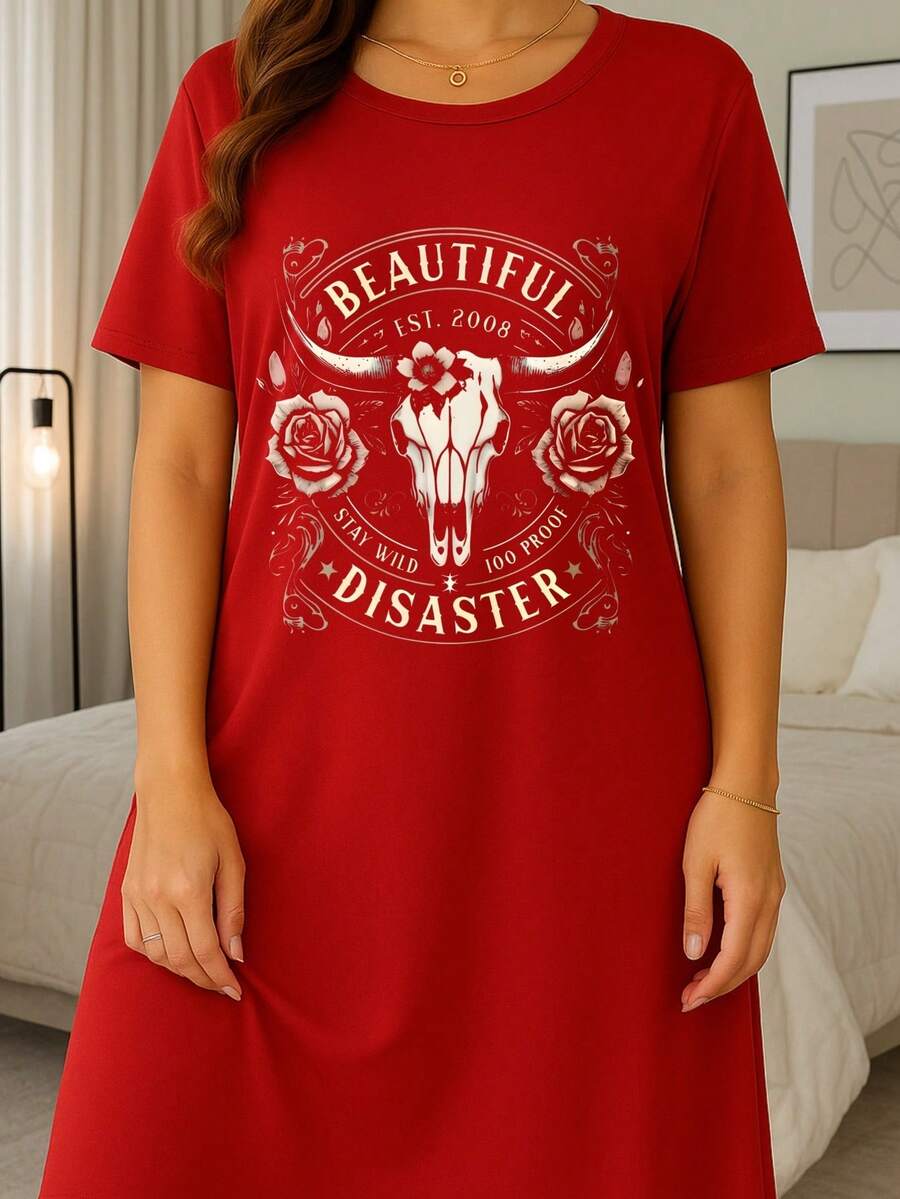 Red Cotton Sleep Dress For Women – "Beautiful Disaster" Vintage Skull & Roses Graphic, Oversized Nightshirt, Fun Casual Nightwear, Plus Size, Party & Gift Ready - 紅色 - 查看 1