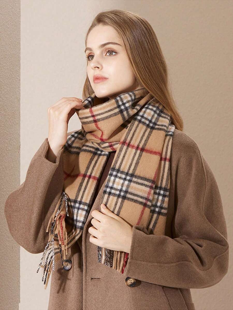 经典格子围巾，百搭男友礼物，高品质双面保暖围巾，男女皆宜，适合秋冬季节，可作围脖、毯子使用 - 米色 - 查看 1
