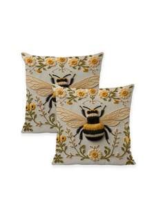 2Pcs Imitation Embroidery Laughing Goat Bee Flower Bigfoot Forest Full Moon Pattern Pillow Cover Farmhouse Pillow Cover Decoration Home Square Sofa Living Room Bedroom Bed Sofa Chair Cushion Cover Universal For All Seasons (No Filling) - Multicolor - View 4