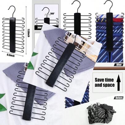 Wooden Tie Rack Tie Hanger Organizer For Men Closet 20 Hooks 360 Degree Rotating Hanging Space Saving Holder For Belt Scarf Black