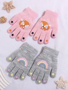 2 Pairs Kids Cute Cartoon Animal Pattern Knitted Gloves, Warm For Autumn/Winter - Multicolor - View 3
