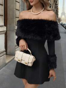 女士秋冬法式鸡尾酒会礼服优雅露肩流苏边 A 字中长连衣裙及地晚礼服