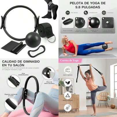 Pilates Kit Casa 6 en 1 Incluye Aro Pilates 38cm,Pelota Yoga 25cm,Bandas Elasticas Resistencia,Correa de Estiramiento,Anillo de Yoga Chica y Calcetines Antideslizantes,Essential Accesorios de Pilate(Negro)