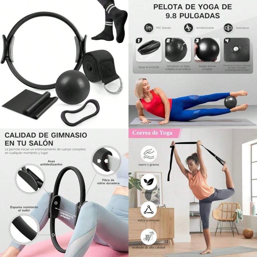 Pilates Kit Casa 6 en 1 Incluye Aro Pilates 38cm,Pelota Yoga 25cm,Bandas Elasticas Resistencia,Correa de Estiramiento,Anillo de Yoga Chica y Calcetines Antideslizantes,Essential Accesorios de Pilate(Negro) - Multicolor - Ver 1
