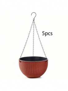 5件套现代风格竖条纹圆形悬挂式花盆套装 - 绿色、黑色、橙色、红棕色和灰色塑料花盆，适合种植多肉植物、香草和鲜花 - 室内外均可使用，表面光滑带挂钩，现代庭院装饰 - 彩色 - 查看 9