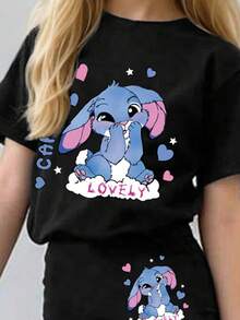 Tween Girl Cartoon Print Short Sleeve Top And Skinny Flared Pants Set - Black - View 3