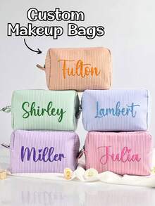 Personalized Embroidered Seersucker Makeup Bag,Bridesmaid Gift Bridal Party Gifts, Gift For Her, Custom Toiletry Bag, Cosmetic Bag,Personalized Makeup Bag With Name, Custom Makeup Bag Organizer, Monogram Make Up Bag - Multicolor - View 2