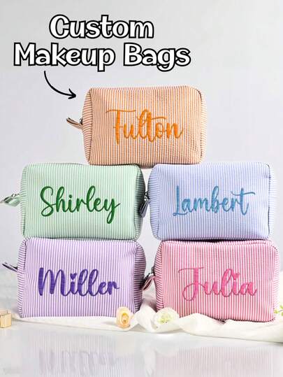Personalized Embroidered Seersucker Makeup Bag,Bridesmaid Gift Bridal Party Gifts, Gift For Her, Custom Toiletry Bag, Cosmetic Bag,Personalized Makeup Bag With Name, Custom Makeup Bag Organizer, Monogram Make Up Bag