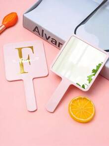 1pc Valentine's Day Gift Love Slogan 1 Piece Portable Handheld Makeup Mirror With Handle - High Definition Makeup Mirror, Suitable For Carrying And Traveling Small Square Mirror, Convenient To Use - Pink Pattern - View 2