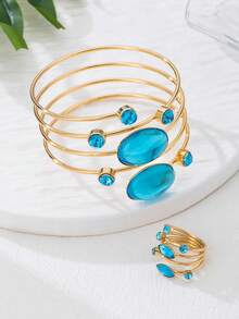 1 Set Minimalist Fashion Multi-Layer Line Rhinestone Bracelet & Ring Jewelry Set, Gift For Women On Valentine's Day