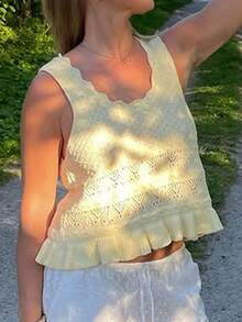 Plus Size Casual Solid Color Knit Vest Summer - Yellow - View 5