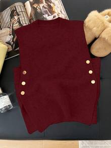 1件女士休闲纯色圆领无袖背心，侧边金属纽扣装饰 - 酒紅色 - 查看 7