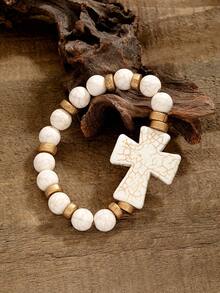 1pc Casual Hiphop Style Faux Turquoise Cross Beaded Bracelet, Minimalist Elastic Wristband Jewelry, Suitable For Daily, Commute, And Party Wear - Multicolor - View 2