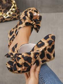 Leopard Print & Solid Color Sexy Bohemian Bow Sandals, Brown Sexy Open Toe Blue Summer Vacation Style Platform Wedge Sandals, Women's Fashion High Heel Thick Bottom Wedge Slippers, Simple Elegant Bohemian Floral Party Sandals - Leopard - View 5