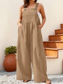 IGKEEL Plus Size Women's Vacation Outfit, Spring/Summer Loose Pleated Wide Leg Casual Solid Color Jumpsuit - Khaki - View 5
