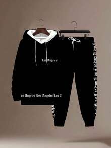 Bộ áo hoodie và quần nỉ cỡ lớn in chữ Gothic Los Angeles, phong cách đường phố năng động, có túi dây rút, màu đen, thích hợp cho mùa xuân. - màu đen - Xem 1