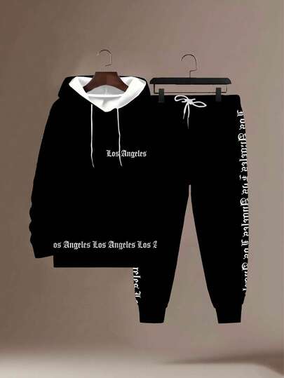 Gothic Font Los Angeles Print Plus Size Hoodie & Sweatpants Set, Street Style Sporty 2-Piece Set With Drawstring Pockets