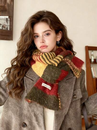 New Colorful Rainbow Patchwork Striped Knitted Scarf For Women, Fashionable Thick Warm Neck Warmer, Autumn/Winter