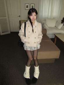 2026 Fall/Winter Women's Korean-Style French Preppy Double-Breasted Lapel Padded Long Sleeve Wool Coat With Multi-Purpose Pockets For Commuting, School, And Everyday Wear - 米色 - 查看 4