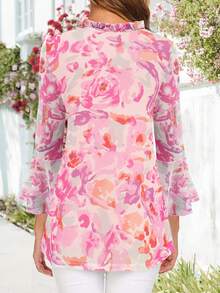 CheersLife Women's Fancy Blouses Double Layers Mesh Dressy Tops 3/4 Ruffle Bell Sleeve Shirts - Watermelon Pink - View 5