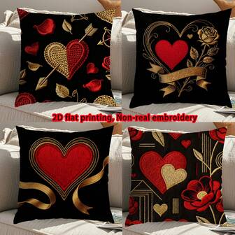1 pieza/4 piezas Funda de almohada 3D con elemento de corazón y flor 2D para el Día de San Valentín, de terciopelo melocotón, duradera y suave al tacto, ideal como regalo del Día de San Valentín, para decorar muebles de jardín, cojín de sofá para sala de estar (sin relleno de almohada) 18"X18" (45cm*45cm) *1 pieza/4 piezas