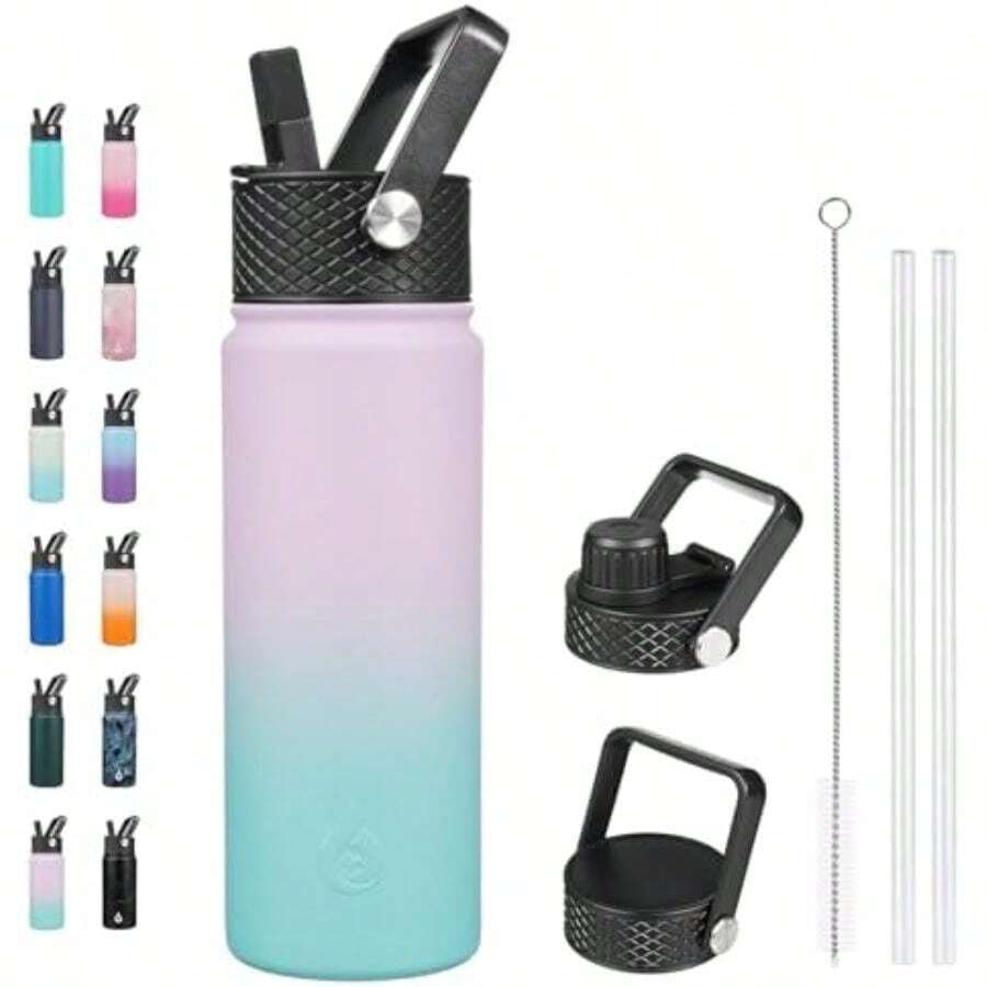 BJPKPK - Botellas de agua aisladas con tapa de popote, botella de agua de metal de acero inoxidable de 18 onzas, térmica fría y caliente con 3 tapas, a prueba de fugas, taza de viaje sin , frascos(0.7 Litros Verde lavanda) - Multicolor - Ver 1