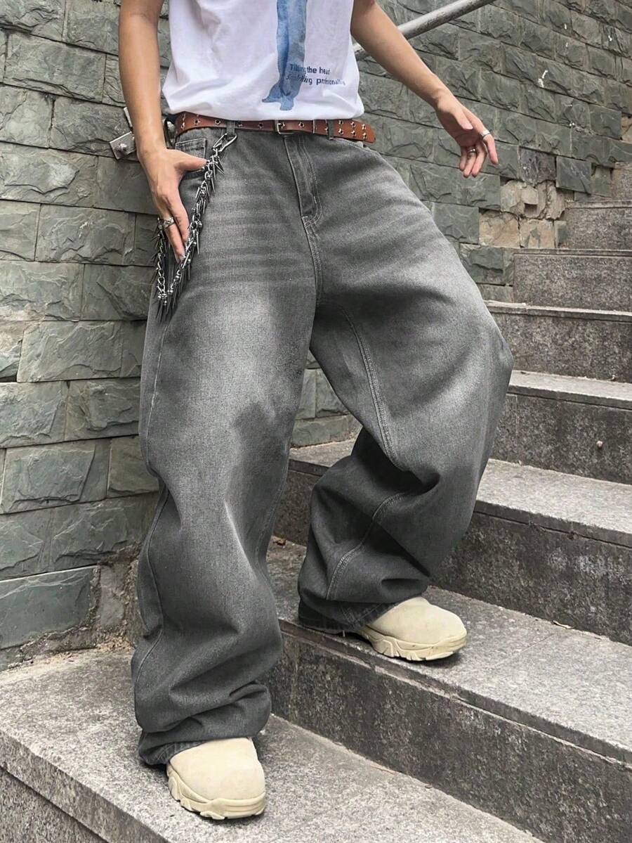 Straight Leg Non-Stretch Denim Jeans, Washed Cotton Fabric Wide Leg Y2K Fashion Loose Jeans, Casual Street Style