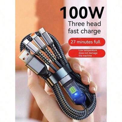 3-In-1 Super Fast Charging Cable, 3-In-1 Charging Cable With Transparent Illuminated Braided Nylon Wire, Fast Charging Data Cable Compatible With IPhone, Android, Camera, MP3 Universal Adapter 100W Compatible With IPhone, Android, Camera, MP3 Charger Travel