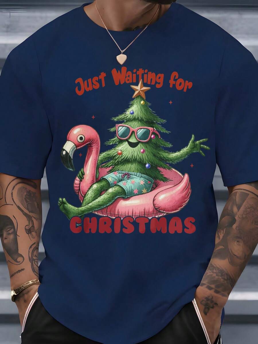 Men's Crew Neck T-Shirt With Christmas Tree Print Featuring Sunglasses And An Inflatable Flamingo, With The Text "Just Waiting For Christmas." Ideal For Everyday Wear, Parties, Christmas Festivities, Summer, Holidays, And Casual Fun Style. - 藏蓝色 - 查看 1
