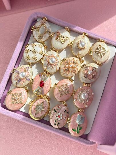 Enamel Romantic Pink & White Pearl Flower Oval Frame Necklace, Vintage Commemorative Jewelry, Suitable For Mom, Friend, Her, Birthday Gift (Jewelry Box Not Included)