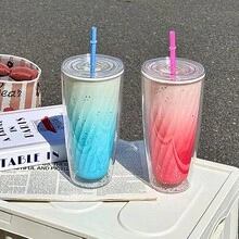 Enkel gradient sugrörsmugg, dubbelskiktad plastmugg, stor vattenmugg för studenter, kreativt kontor, hem - YR810-2 Grön - Visa 3