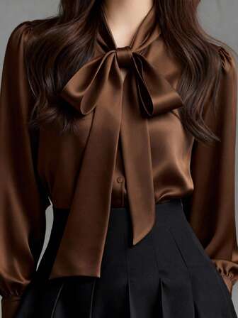 Women's Elegant Satin White Long Sleeve Casual Shirt, Versatile Commuter Blouse With Bow Collar Detail - Solid Color Suitable For All Seasons, Machine Washable Non-Sheer, Soft & Breathable Fabric, Refined Satin Texture, Solid Color Tie For Office & Daily Wear